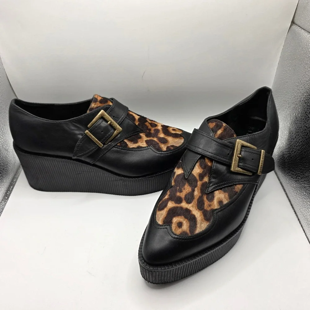 Gianni Bini Leopard Calf Hair Platform Creepers Black Leather Buckle Shoes 9M